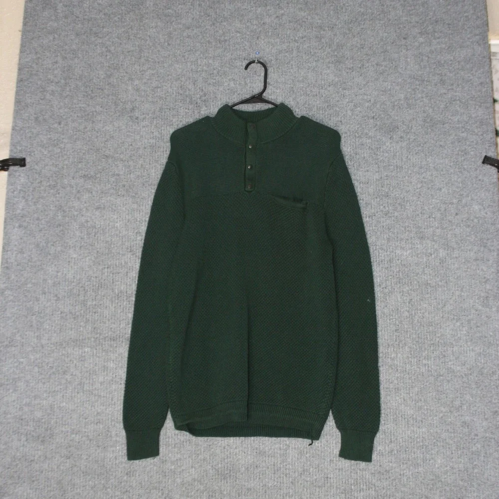 J Crew Sweater Mens M Green Mock Neck Button Pullover Textured Knit